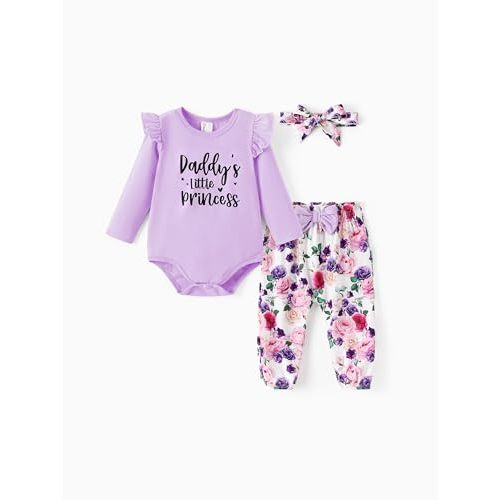 PATPAT Baby Girl Clothes Long Sleeve Ruffle Romper Pants Headband 3 Pieces Set Newborn Infant Outfits 0-24 Months