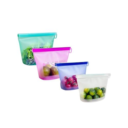 Reusable Silicone Food Storage Bags (Set of 4), Dishwasher Oven Microwave Freezer Safe, Eco-Friendly 100% Platinum, Leakproof Sous Vide Bags, Premium Lunch Containers, 2 Snack 2 Sandwich, Mixed