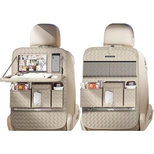 Car Seat Organizers,Multi-functional Back Seat Protectors, Storage Pouches, and Tray Holders (for Cars, Kids, Seat Back and Rear Seats) (Woven Beige, 2 Pcs)