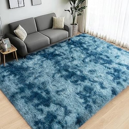 Large Area Rugs for Living Room Bedroom, 4x6 Feet Tie-Dyed Dark Blue Fluffy Shag Rugs, Ultra Soft Shaggy Plush Fuzzy Modern Indoor Throw Carpet for Kids Girls Dorm Nursery Home Decor Aesthetic