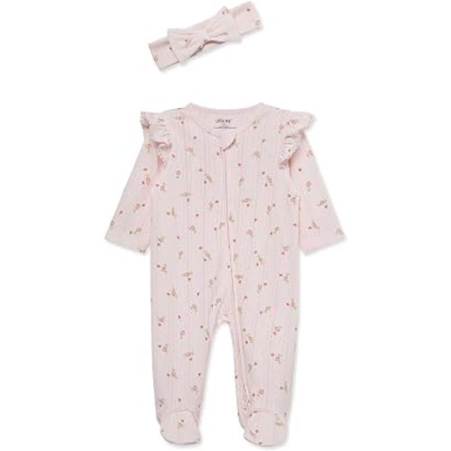 Little Me Clothes for Baby Girls 100% Cotton 2Pc Zipper Closure Footie and Headband Set, Baby Essentials