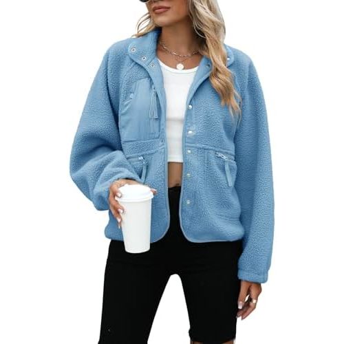 Yanekop Womens Fleece Jacket Fuzzy Long Sleeve Short Winter Coats Button Down Sherpa Jacket Outerwear with Pockets