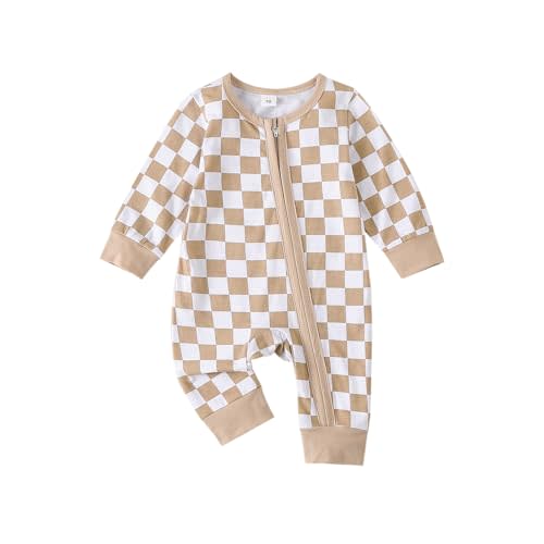 Karuedoo Newborn Baby Boy Girl Clothes Checkered Long Sleeve Zipper Romper Jumpsuit One Piece Bodysuit Fall Winter Outfit