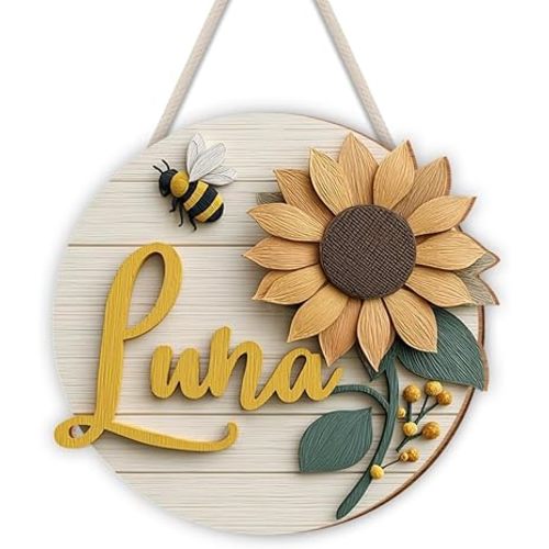 Custom Sunflower Kids Room Name Sign – Wooden Wall Art for Nursery Decor, Baby Girl Bedroom Door Sign, Bee Theme Wall Hanging, Personalized Name Sign for Girls Room & Welcome Baby Sign