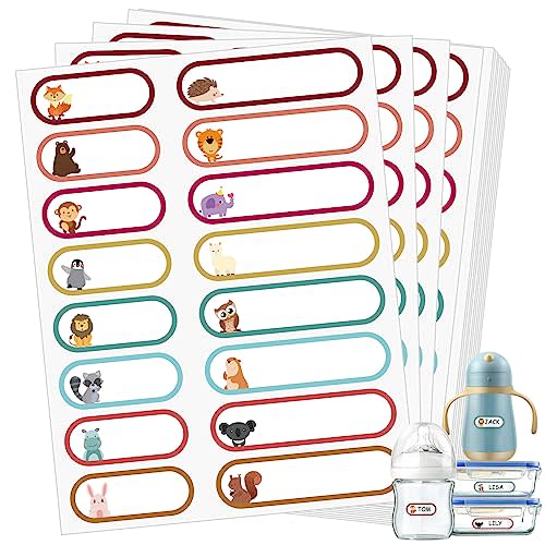 480 Pcs Baby Bottle Labels for Daycare, Waterproof Name Labels Self-Laminating, Write-on School Name Labels for Kids Name Tags Stickers(Cute Animal Style)
