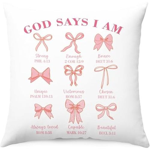 Christian Bible Coquette Pink Bow Pillow Covers, God Says I Am, Christian Gifts for Women, Room Decorative Throw Pillow Covers 18x18, Positive Affirmantions Pillow Cases for Home Bedroom Couch
