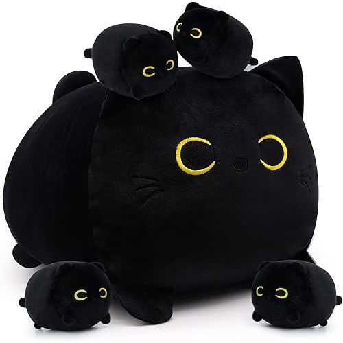 Cat Stuffed Animals with Babies, Black Cat Plush with Babies, Mommy Cat with 4 Baby Kittens Kawaii Black Cat Plushie Toy Birthday Gifts for Kids Boys Girls