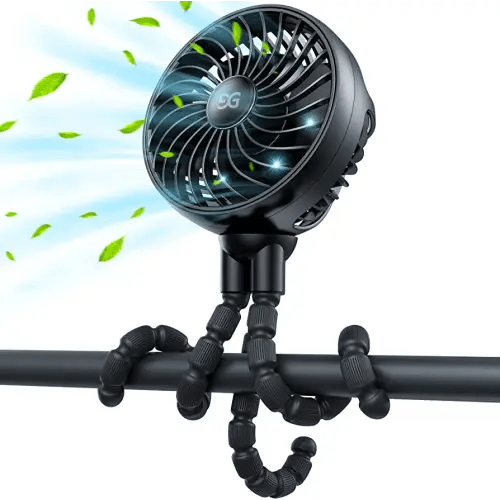 GUSGU Stroller Fan with Flexible Tripod Clip on for Baby, Mini Portable Fan USB Rechargeable Battery Operated, Small Personal Handheld Fan Cooling for Bed, Car Seat, Travel, Camping