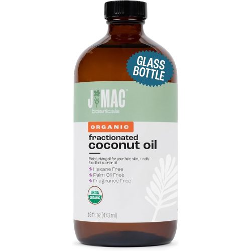 J MAC BOTANICALS Organic Fractionated Coconut Oil (16 Ounce Glass Bottle) Organic Carrier Oil and for DIluting Essential Oils, Moisturizer, Hair Care