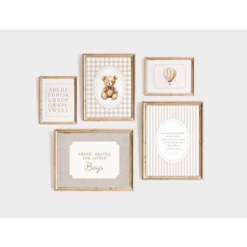 Christian Boy Nursery Wall Art Set, Neutral Gingham Nursery Decor, Joshua 1:9 Be Strong and Courageous, Teddy Bear Print, Hot Balloon Print