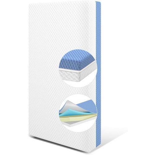 5" Crib & Toddler Mattress, 2-Stage Dual-Sided Odorless & Noiseless Glue Free, 2 Independent Foam Layers, Fits Standard Crib & Toddler Beds, Water-Proof, Detachable and Washable, Pure White & Blue
