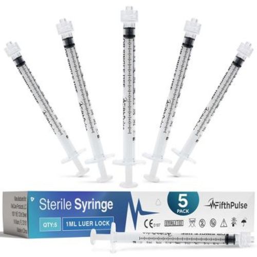 FifthPulse 1ml Medicine Syringe Dispenser with Luer Lock (NO Needle) - Measurement Dispensing, Sterile, Individually Wrapped - 5 PK