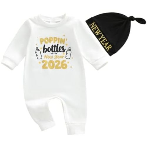 Lamuusaa Newborn Baby Girl Boy New Year Outfit Long Sleeve Romper ''Poppin Bottles'' Bodysuit Jumpsuit Winter Clothes 0-12M