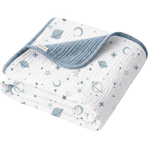 Konssy Muslin Baby Blankets for Girls Boys, 100% Cotton Crib Blanket for Infant Toddler, Super Soft and Lightweight Nursery Swaddling Wrap 40"x36" (Star)