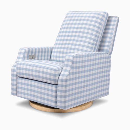 Namesake Crewe Electronic Recliner and Swivel Glider - Blue Gingham With Light Wood Base