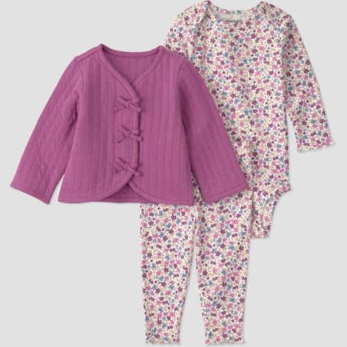 Carter's Just One You® Baby Girls' 3pc Long Sleeve Floral Printed Bodysuit, Pants and Quilted Jacket Set - Plum Newborn