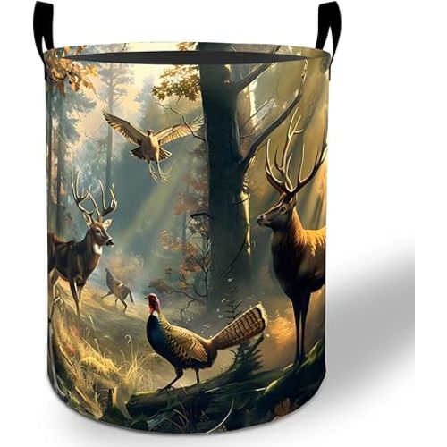 Deer Forest Laundry Basket Hamper 19.7"x15.8", Wildlife Foldable Waterproof Oxford Clothes Storage Bucket for Room Bathroom Bedroom Nursery Decor, Toy Organizer Bins Gifts for Kids Boys Girls