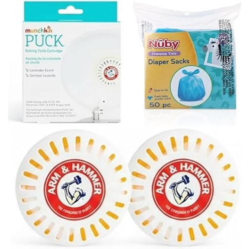 Odor Eliminator Cartridges, 2 Pack, Lavender Scent Baking Soda Pucks for Diaper Pails + Nuby Diaper Sacks, 50 Count Disposable Baby Diaper Bags