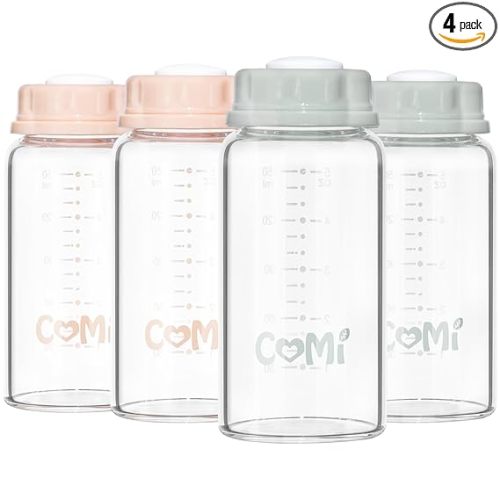 COMI Natural Glass Baby Bottle,Standard Neck Breastmilk Storage Bottle for Fridge,Breast Milk Container,Breast Pump Bottle Compatible with Medela Breast Pump,BPA Free,4PCS (5oz, 2 Gray+2 Pink)