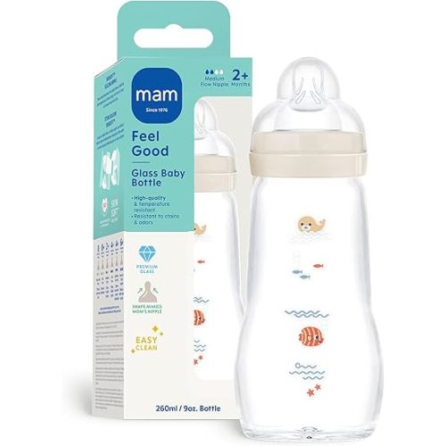 MAM 9oz Pure Glass Feel Good Anti-Colic 2+ Months Baby Bottle, Unisex, 1 Count (Pack of 6)