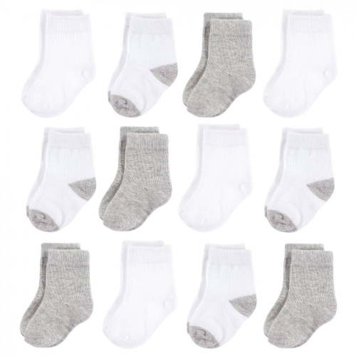 Hudson Baby Infant Unisex Cotton Rich Newborn and Terry Socks, White Gray, 0-6 Months