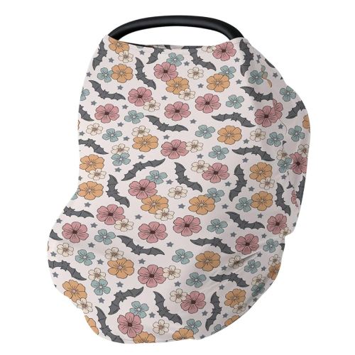 Boho Floral Halloween Bats Baby Car Seat Covers Vintage Fall Autumn Flowers Stretchy 5-in-1 Cover Adjustable Infant Carseat Canopy Cover Spooky Gothic Breathable Nursing Cover-Up