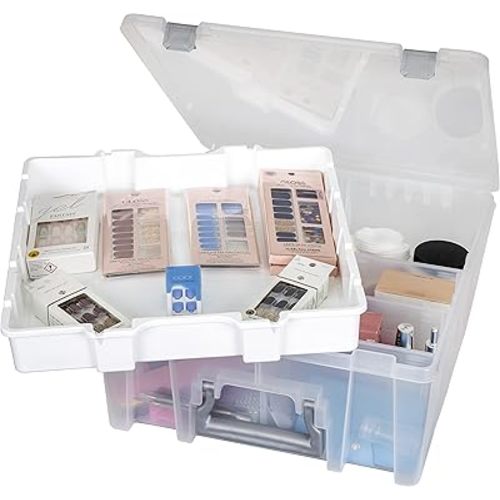 AB Designs 6899ABD Super Satchel Double Deep with Lift-Out Tray and Removable Dividers, Stackable Home Storage Organization Container, Clear with Sliver Latches and Handle