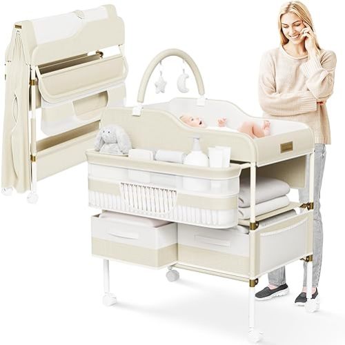Portable Baby Changing Table with Wheels - Modern Dresser Changing Tables w/Hanging Toys, Laundry Bag, Changing Table Organizer Boxes - Folding Waterproof Baby Diaper Changing Station for Nursery
