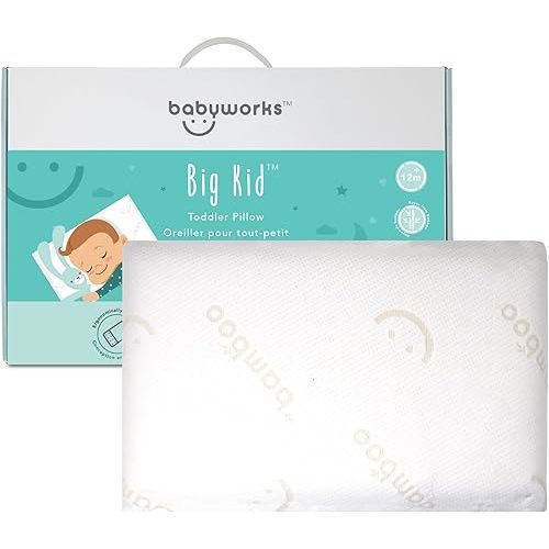Baby Works Toddler Pillow - Soft, Supportive and Breathable Memory Foam with Hypoallergenic Bamboo Cover, Chiropractor Recommended, Washable and Removable Cover, Perfect for Cribs, Ages 12m+