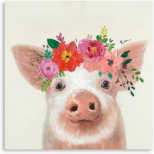 Cute Pig Canvas Wall Art: Peach Pig with Floral Crown - Framed 12"x12" for Kitchen, Nursery, Bathroom, Bedroom, House Decorations