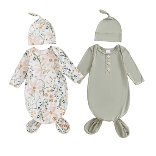 woshilaocai 2 Pack Baby Boy Girl Gown Sleeper Newborn Knotted Nightgown and Hat Set Infant Sleepwear