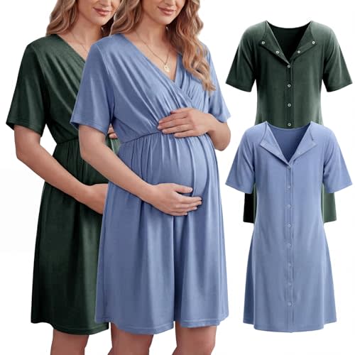 Cutecrop 2 Pack Labor and Delivery Gown for Hospital Maternity Nursing Short Sleeve Gown Button Back Birth Recovery Sleepwear