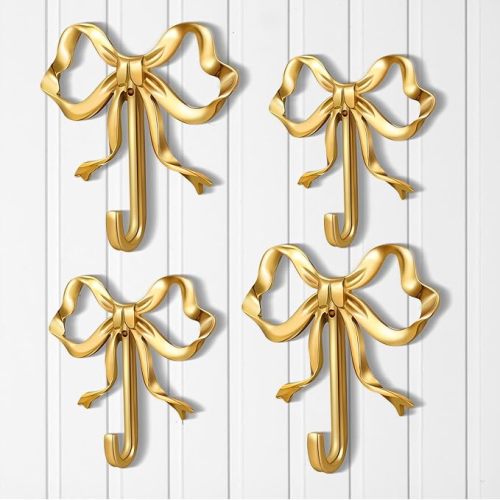 4 Pcs Gold Bow Knot Hooks Brass Bow Wall Door Hanger Towel Hooks Brass Coat Hanger Decorative Holder for Valentine's Day Wedding Bathroom Living Room Kitchen Decor (L+S)