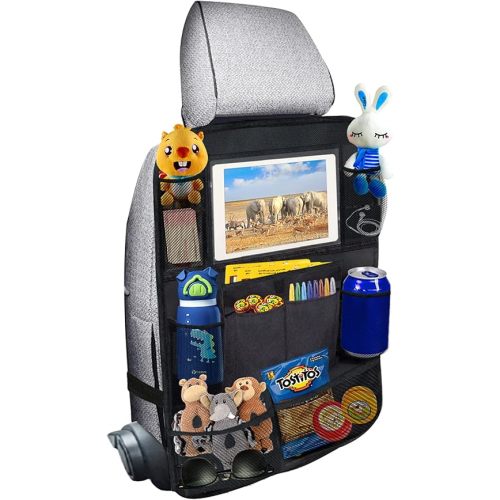 Ecurfu Backseat Car Organizer with 10 Compartments, 10 Inch Tablet Holder, Waterproof Storage Bag for Kids Cars - 600D Oxford Fabric, Black (1PC)