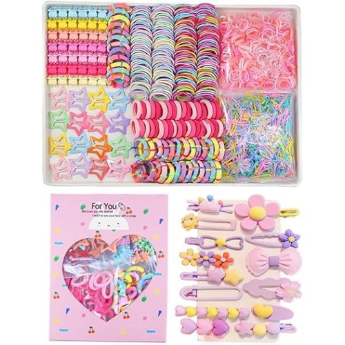 889 pcs Elastic Hair Ties for Girls Hair Accessories Ponytail Holders Colorful Rubber Bands Set with 14 pcs Cute Hair Clip