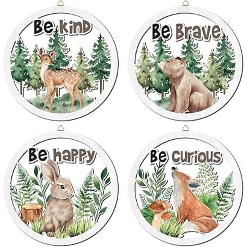 HPNIUB Woodland Nursery Wall Decor, Inspirational Girl Room Hanging Sign, 4 Pieces 10''x10'' Jungle Animals Wooden Decoration for Kids, Cartoon Fox Bear Art Sign for Teens Toddler Boy Baby Playroom