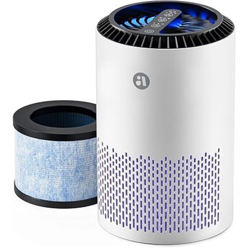 AROEVE Air Purifiers for Bedroom Home, 3 Layer Filter for Smoke Pollen Allergies Pet Dander Odor, Sleep Mode, Energy Saving, 4 Speeds, Timer for Office, Dorm, MK01A White+Blue