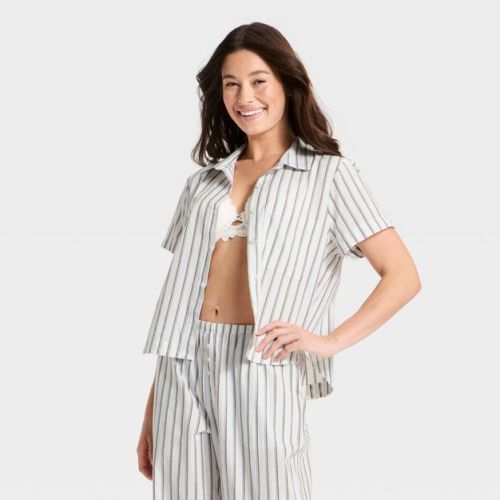 Women's Striped Cotton Blend Short Sleeve Pajama Shirt - Auden™ Olive Green/White M