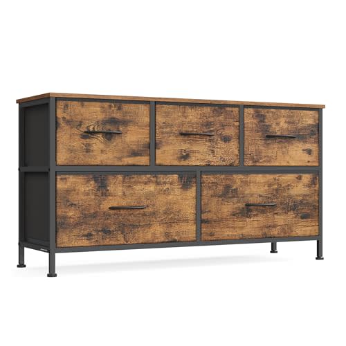 SONGMICS Dresser for Bedroom, Chest of Drawers, Steel, MDF, 5 Non-Woven Fabric Drawers, Storage Organizer Unit, Closet, Entryway, Rustic Brown and Ink Black ULGS322B02S