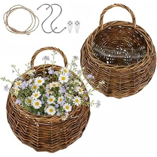 DOITOOL 2PCS Woven Hanging Wall Basket Rattan Wall Planter, Wicker Handmade Baskets Rustic Flower Pots Plant Containers for Garden Home Storage Flowers Hanging Planters