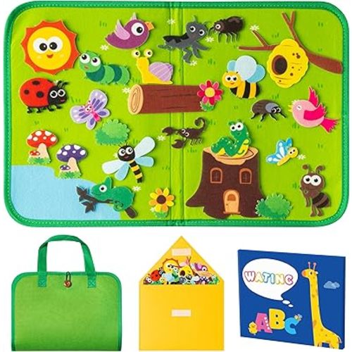 WATINC Travel Felt Board Story Set - 25PCS Portable Felt Board Educational Birthday Gift for Boys & Girls, Themed Storytelling Preschool Early Learning Interactive Play Kit for Toddlers (Insect)