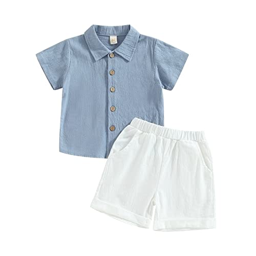 Gueuusu Baby Boy Girl Summer Clothes Toddler Cotton Linen Short Sleeve Button Up Dress Shirt Shorts Set 2PCS Outfit
