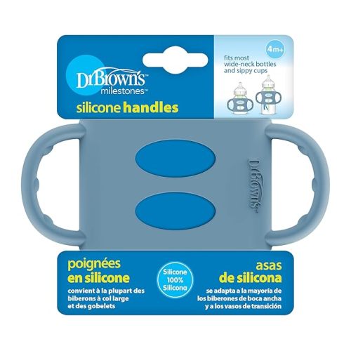 Dr. Brown's Wide-Neck Baby Bottle Handles, 100% Silicone, Easy Grip Removable Handles for Bottle to Sippy Cup Transition, Blue, 4m+