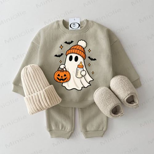 Baby Ghost with Pumpkin Lantern Grey Green Sweatshirt 2-piece Set