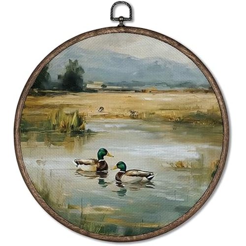 Giosve Vintage Rustic Mallard Duck Round Wall Art Canvas Framed Poster, Cottagecore Mallard Duck on Pond Lake Landscape Hanging Wall Sculptures for Home Bedroom Living Room Decor, 10x10 Inch