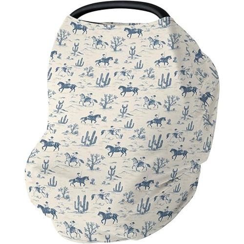 Vintage Western Cowboy Car Seat Cover for Babies Retro Cowboy Horse Cactus Stretchy 5-in-1 Cover Adjustable Car Canopy Breastfeeding Cover Wild Desert Breathable Nursing Cover-Up