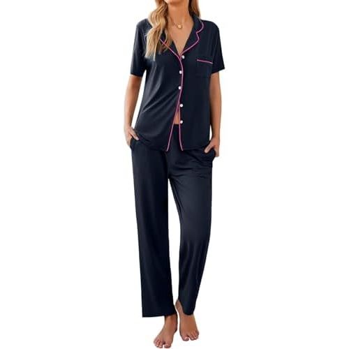 Ekouaer Women Pajamas Set Button Down Sleepwear Short Sleeve Nightwear with Long Pants Soft Pjs Set S-XXL