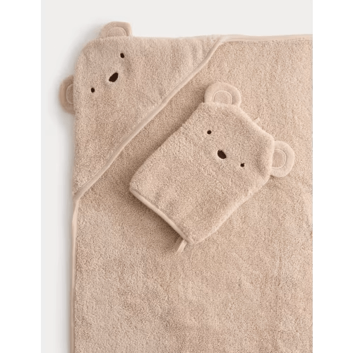 2pc Pure Cotton Bear Hooded Towel & Wash Mitt