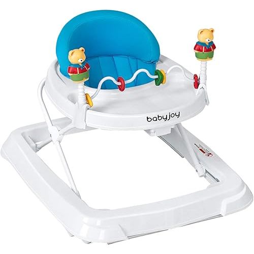 BABY JOY Baby Walker, Foldable Activity Walker with Adjustable Height, Large Tray & Removable Toys, Baby Walker with Wheels for Boys Girls 6-18 Months (Blue)