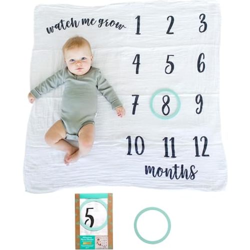 Kate & Milo Baby Milestone Blanket with Monthly Markers, Muslin Cotton Infant Photo Prop Blanket for Newborn Photos and First Year Milestones (Pack of 12)